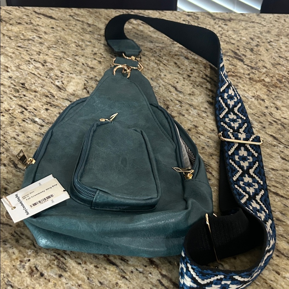 Teal Sling Bag with Patterned Strap